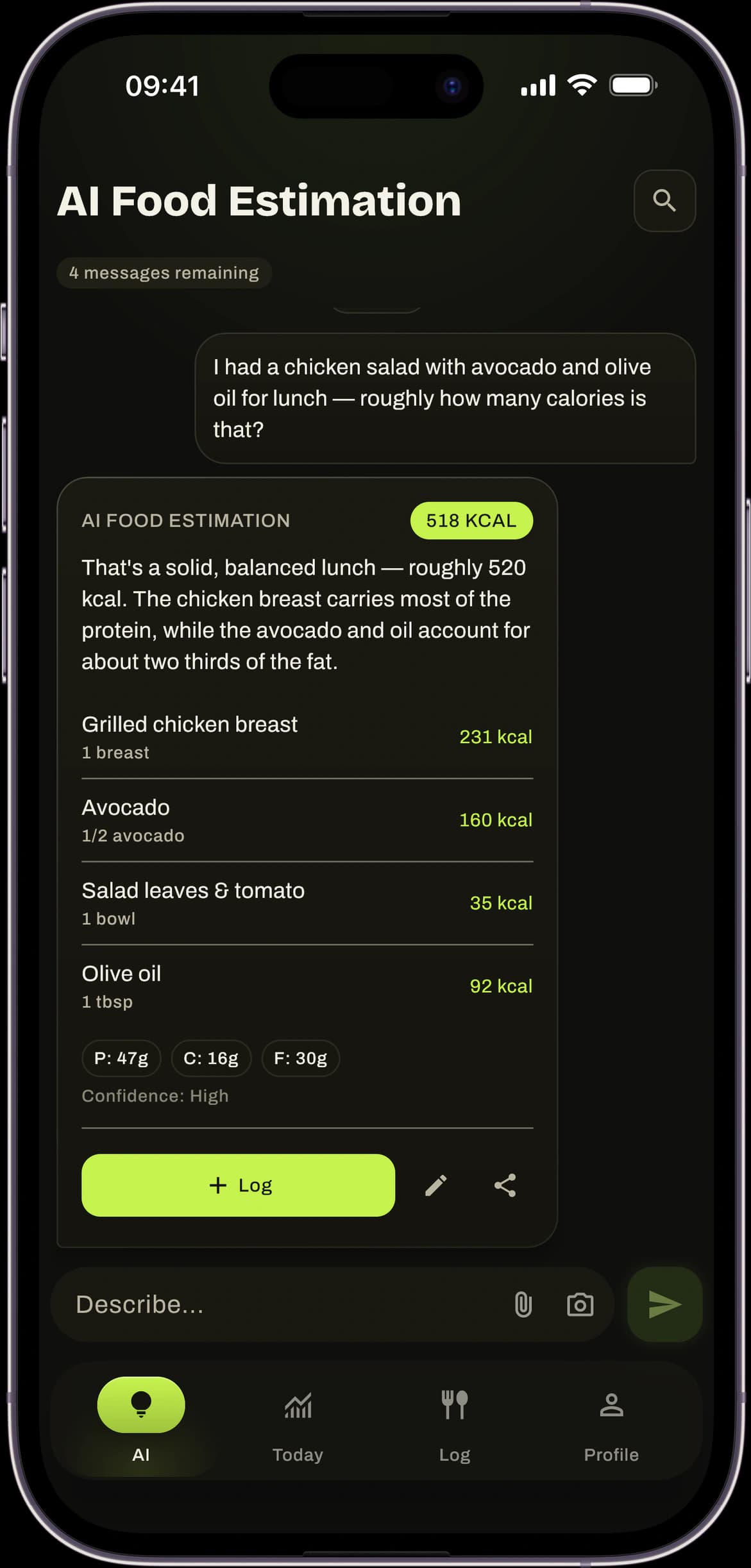 GreaseFit AI food estimation: a described lunch broken down into 518 kcal across chicken breast, avocado, salad and olive oil.