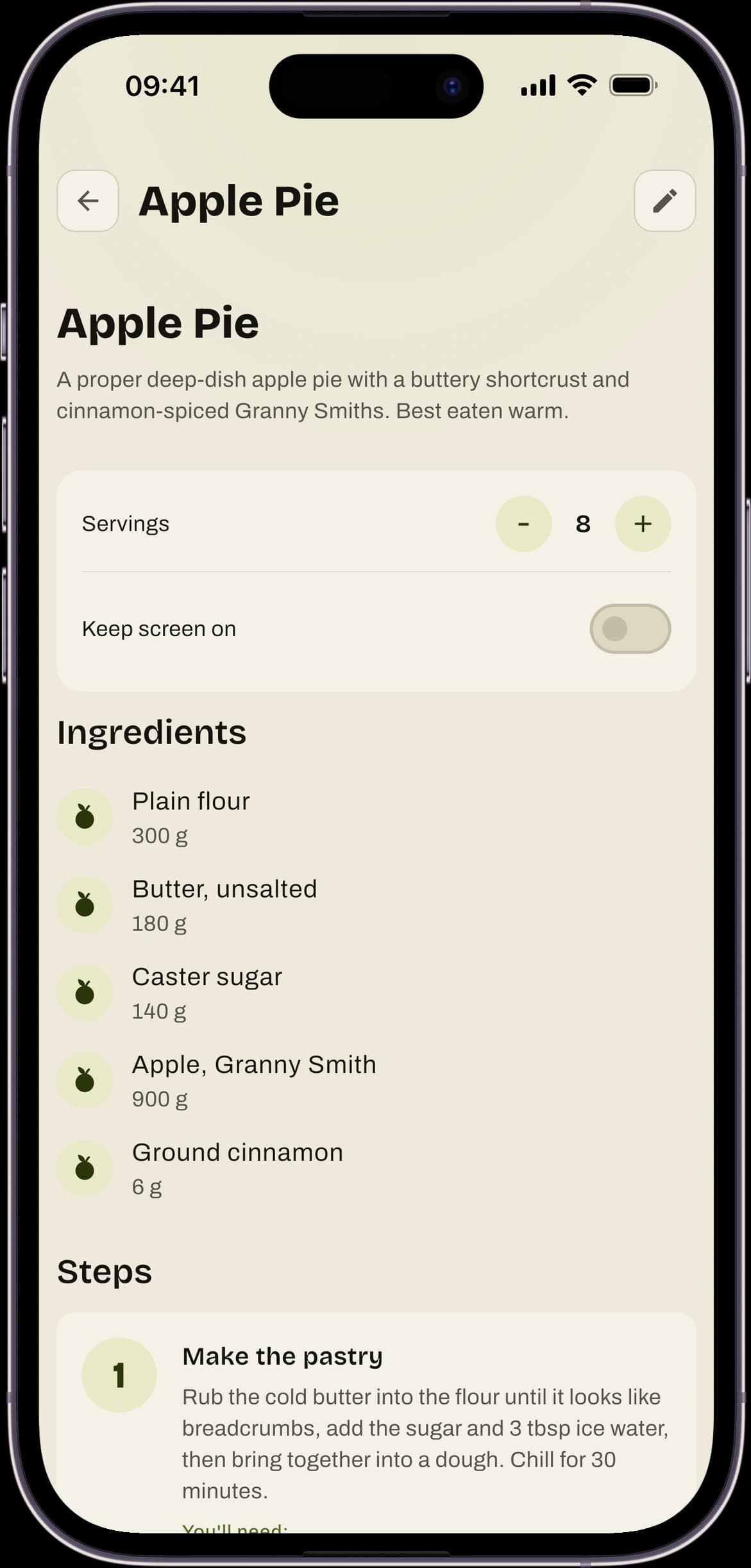 A GreaseFit recipe in light theme: an apple pie with servings, ingredients and step-by-step instructions.