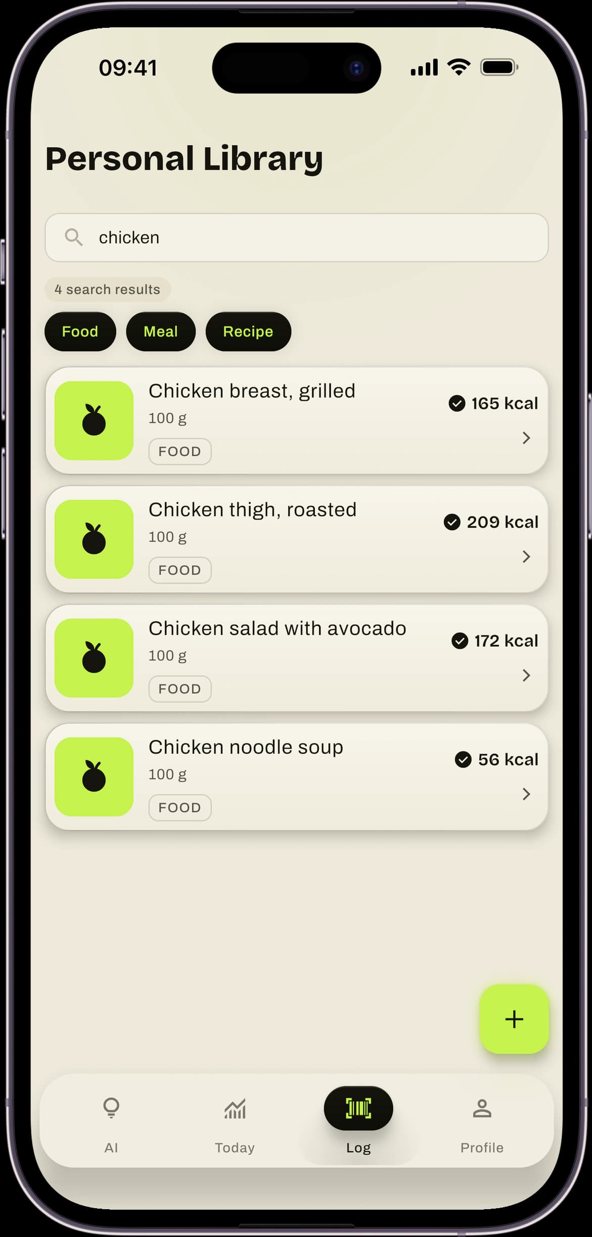 GreaseFit food search in light theme: results for "chicken" with calories per 100 g for each entry.